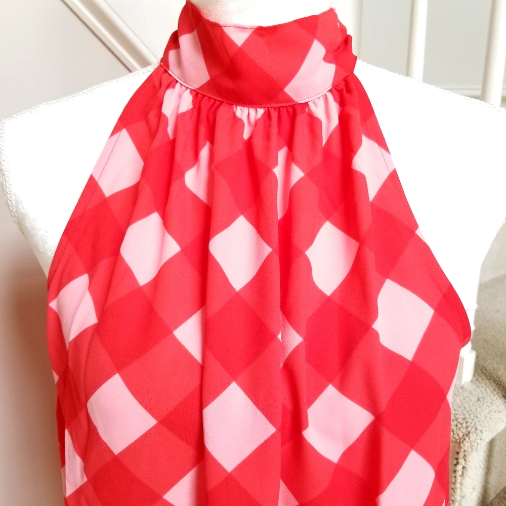 🆕️ J CREW RED GINGHAM TIE NECK TOP BLOUSE - Picture 2 of 6